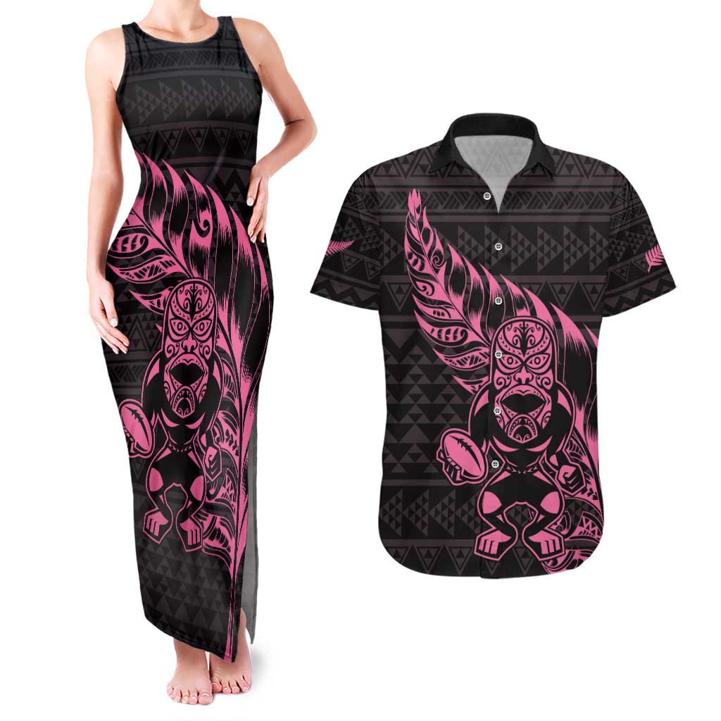 New Zealand Rugby Warrior Custom Couples Matching Tank Maxi Dress and Hawaiian Shirt Pink Fern Taniko Motif