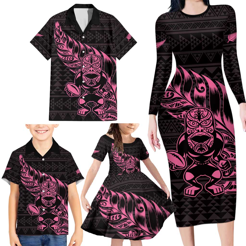 New Zealand Rugby Warrior Custom Family Matching Long Sleeve Bodycon Dress and Hawaiian Shirt Pink Fern Taniko Motif LT9 - Polynesian Pride
