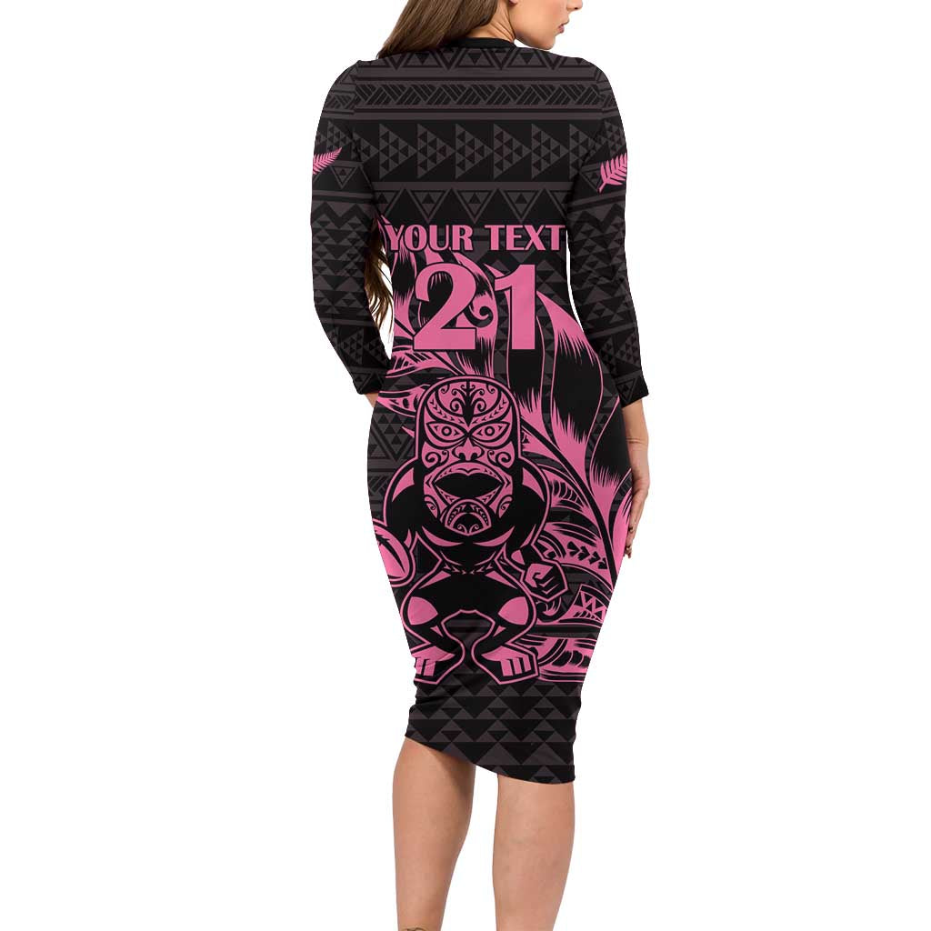 New Zealand Rugby Warrior Custom Family Matching Long Sleeve Bodycon Dress and Hawaiian Shirt Pink Fern Taniko Motif LT9 - Polynesian Pride