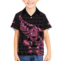 New Zealand Rugby Warrior Custom Family Matching Long Sleeve Bodycon Dress and Hawaiian Shirt Pink Fern Taniko Motif LT9 Son's Shirt Pink - Polynesian Pride