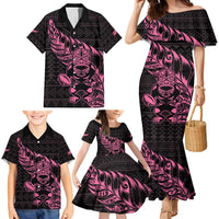 New Zealand Rugby Warrior Custom Family Matching Mermaid Dress and Hawaiian Shirt Pink Fern Taniko Motif LT9 - Polynesian Pride