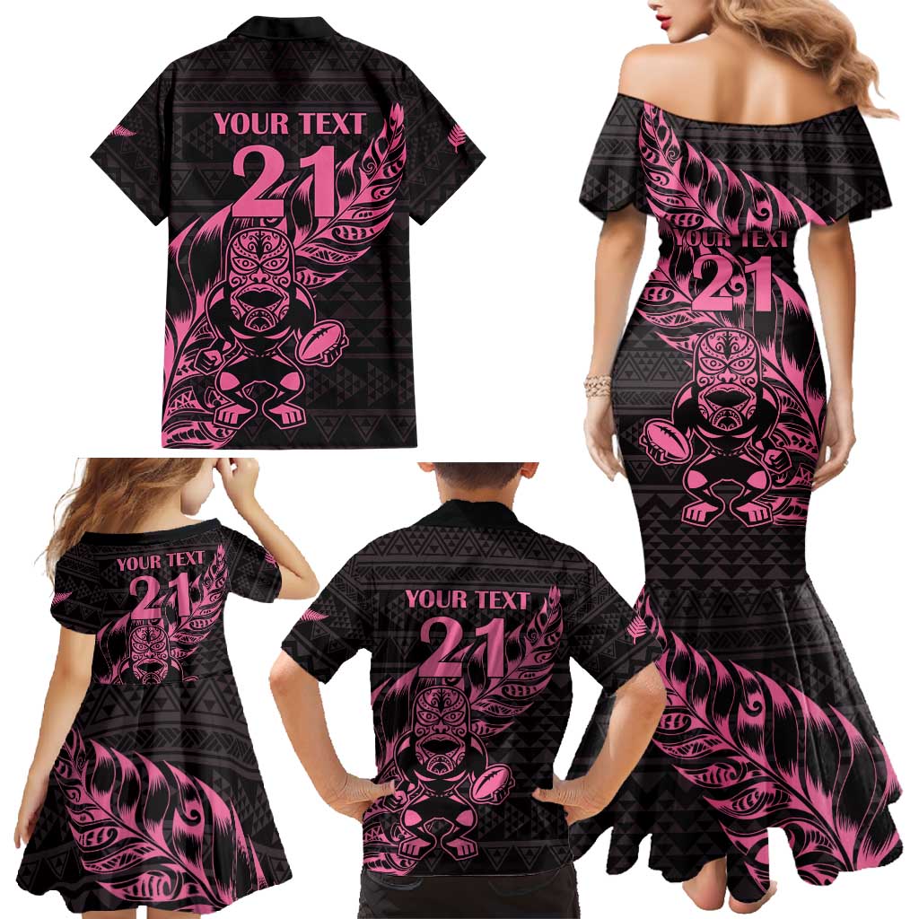 New Zealand Rugby Warrior Custom Family Matching Mermaid Dress and Hawaiian Shirt Pink Fern Taniko Motif LT9 - Polynesian Pride