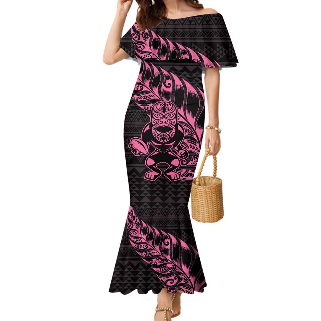 New Zealand Rugby Warrior Custom Family Matching Mermaid Dress and Hawaiian Shirt Pink Fern Taniko Motif LT9 Mom's Dress Pink - Polynesian Pride