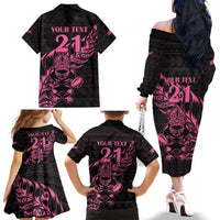 New Zealand Rugby Warrior Custom Family Matching Off The Shoulder Long Sleeve Dress and Hawaiian Shirt Pink Fern Taniko Motif