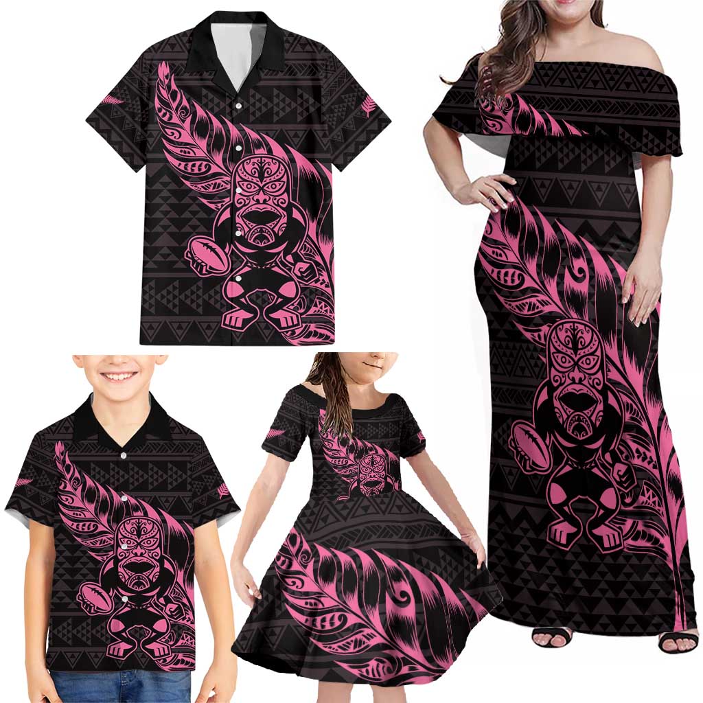 New Zealand Rugby Warrior Custom Family Matching Off Shoulder Maxi Dress and Hawaiian Shirt Pink Fern Taniko Motif
