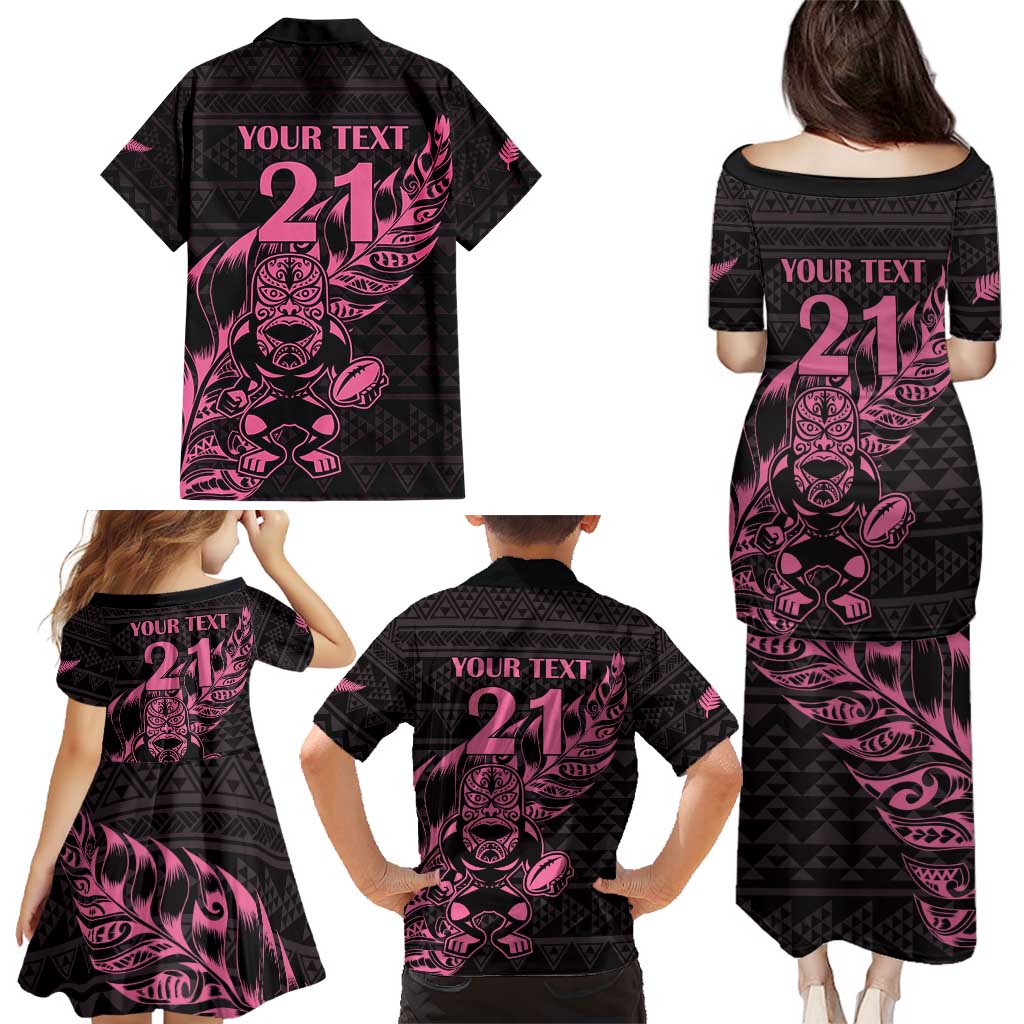 New Zealand Rugby Warrior Custom Family Matching Puletasi and Hawaiian Shirt Pink Fern Taniko Motif LT9 - Polynesian Pride