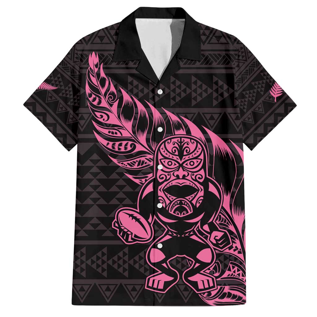 New Zealand Rugby Warrior Custom Family Matching Puletasi and Hawaiian Shirt Pink Fern Taniko Motif LT9 Dad's Shirt - Short Sleeve Pink - Polynesian Pride
