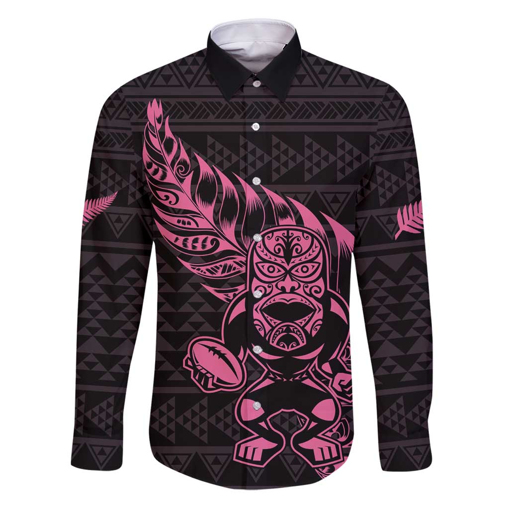 New Zealand Rugby Warrior Custom Family Matching Puletasi and Hawaiian Shirt Pink Fern Taniko Motif LT9 Dad's Shirt - Long Sleeve Pink - Polynesian Pride
