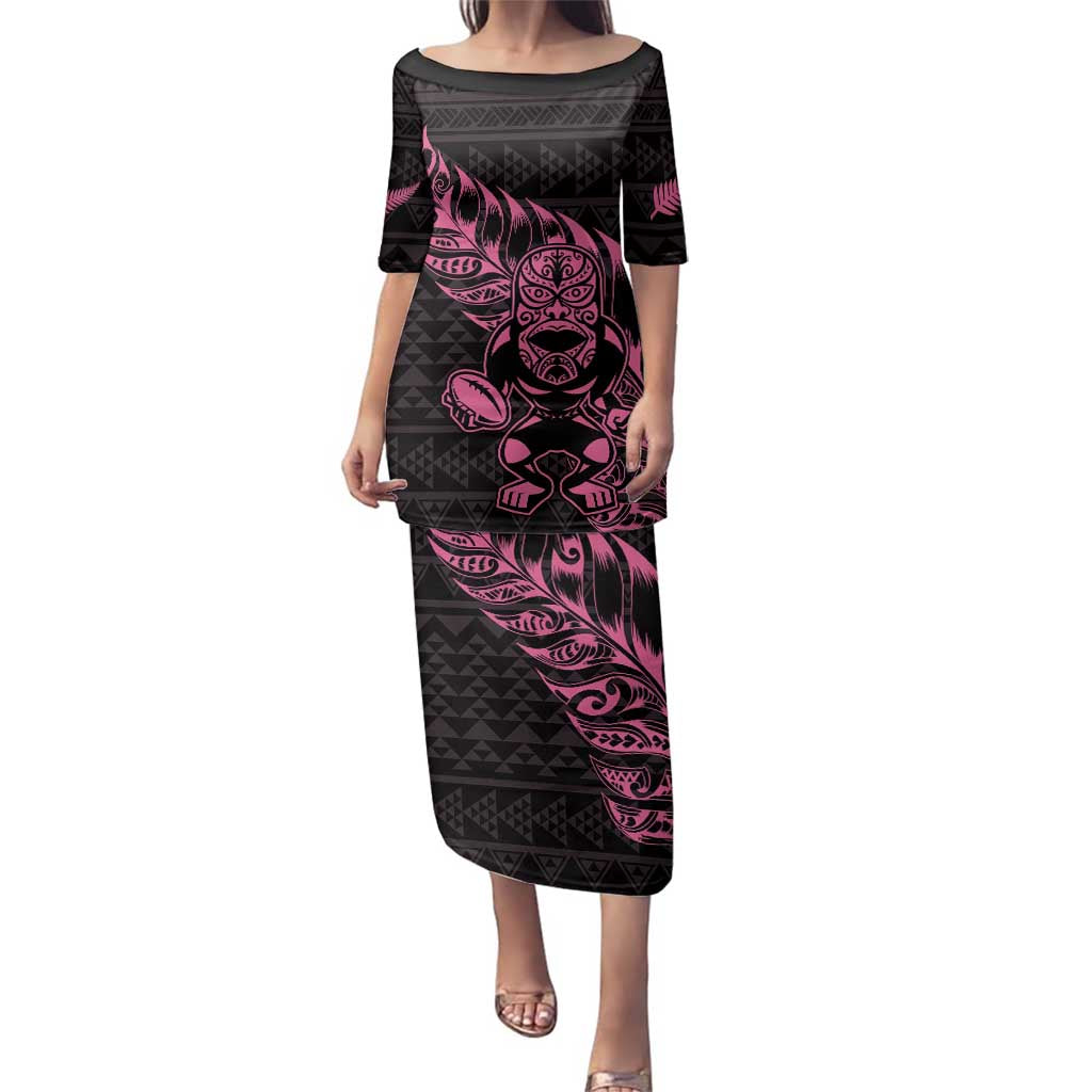 New Zealand Rugby Warrior Custom Family Matching Puletasi and Hawaiian Shirt Pink Fern Taniko Motif LT9 Mom's Dress Pink - Polynesian Pride