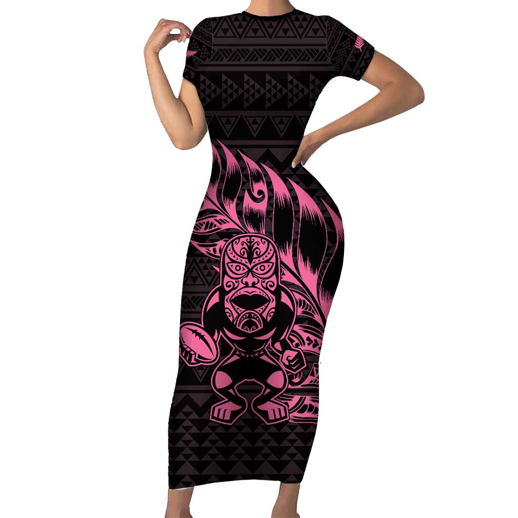New Zealand Rugby Warrior Custom Family Matching Short Sleeve Bodycon Dress and Hawaiian Shirt Pink Fern Taniko Motif LT9 Mom's Dress Pink - Polynesian Pride