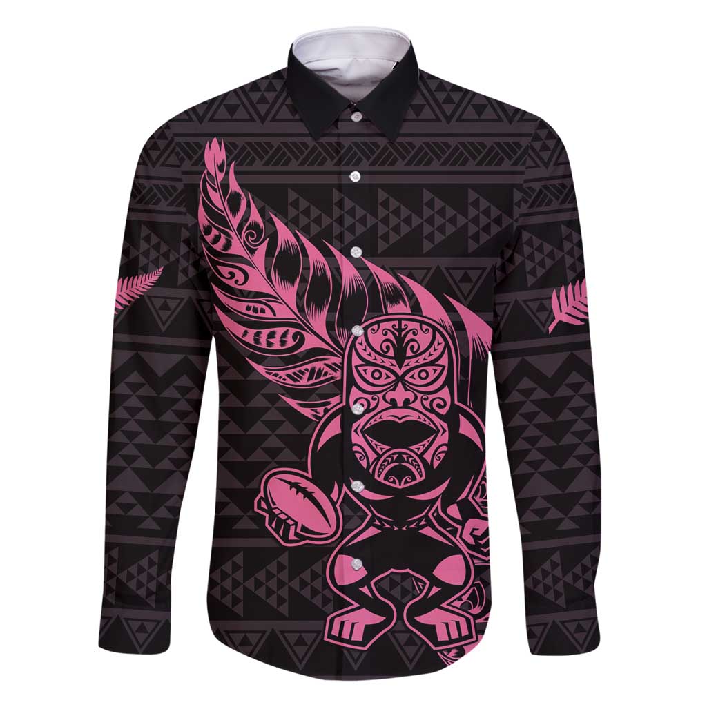 New Zealand Rugby Warrior Custom Family Matching Summer Maxi Dress and Hawaiian Shirt Pink Fern Taniko Motif LT9 Dad's Shirt - Long Sleeve Pink - Polynesian Pride