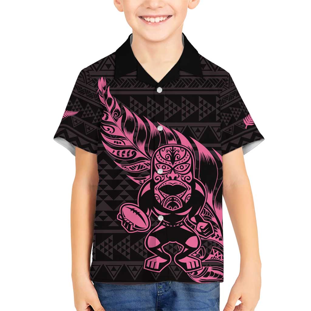 New Zealand Rugby Warrior Custom Family Matching Tank Maxi Dress and Hawaiian Shirt Pink Fern Taniko Motif LT9 Son's Shirt Pink - Polynesian Pride