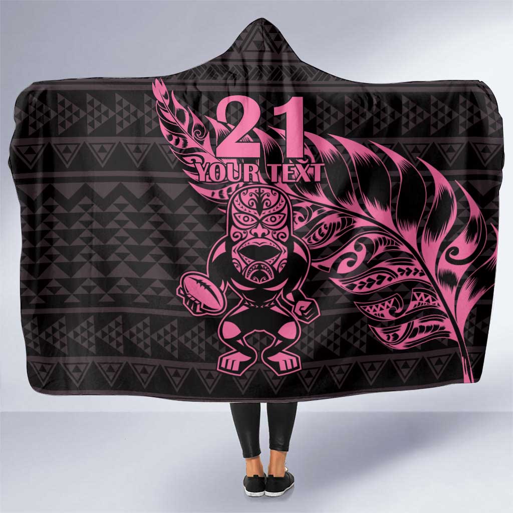New Zealand Rugby Warrior Custom Hooded Blanket Pink Fern Taniko Motif