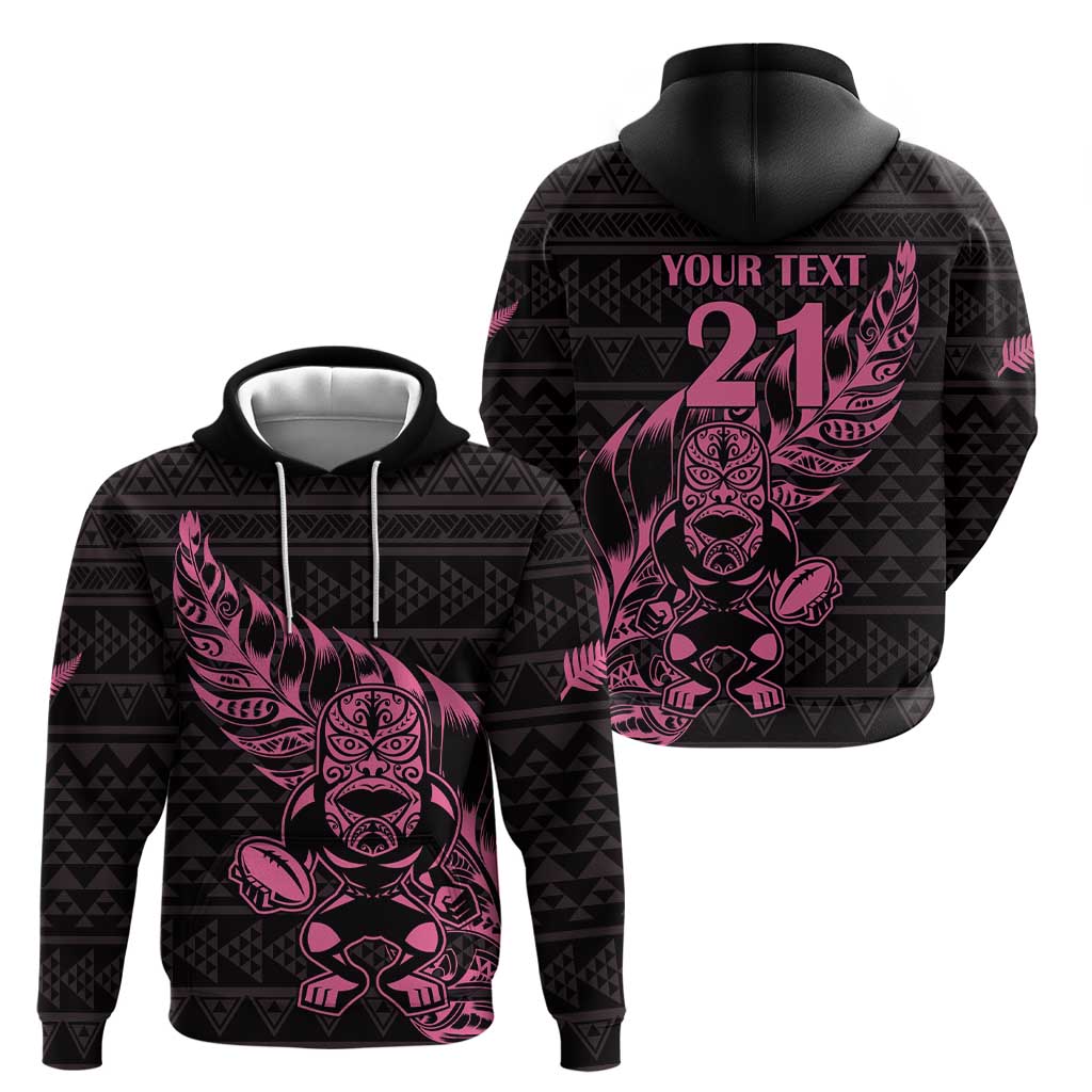 New Zealand Rugby Warrior Custom Hoodie Pink Fern Taniko Motif