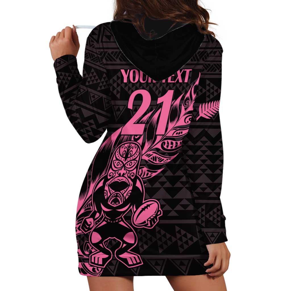 New Zealand Rugby Warrior Custom Hoodie Dress Pink Fern Taniko Motif
