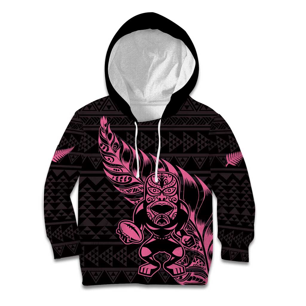 New Zealand Rugby Warrior Custom Kid Hoodie Pink Fern Taniko Motif
