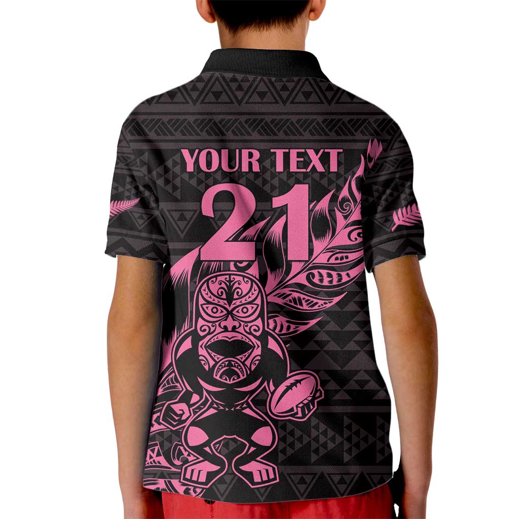 New Zealand Rugby Warrior Custom Kid Polo Shirt Pink Fern Taniko Motif
