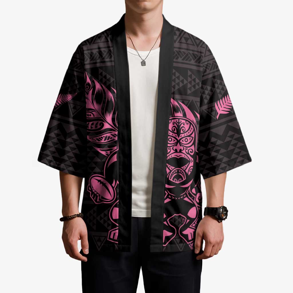 New Zealand Rugby Warrior Custom Kimono Pink Fern Taniko Motif - Polynesian Pride