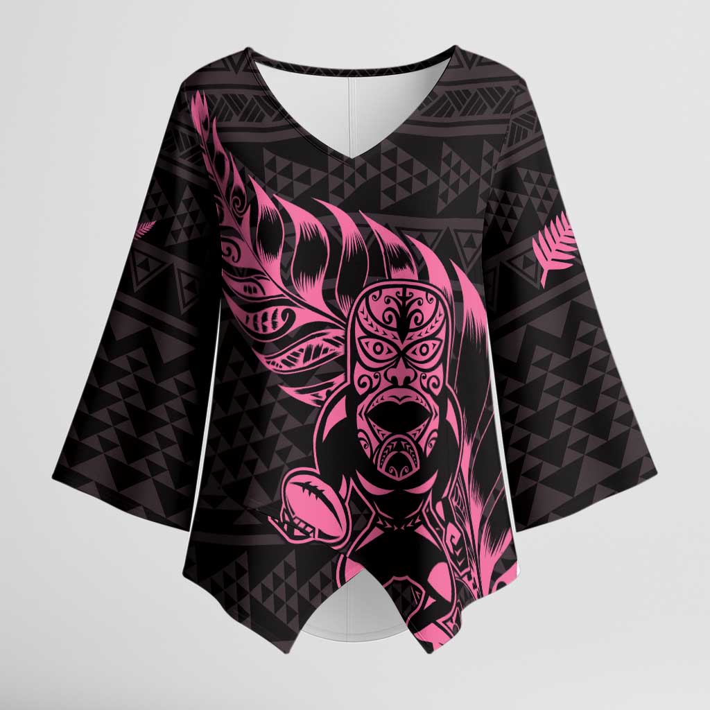 New Zealand Rugby Warrior Custom Kimono Sleeve Blouse Pink Fern Taniko Motif - Polynesian Pride