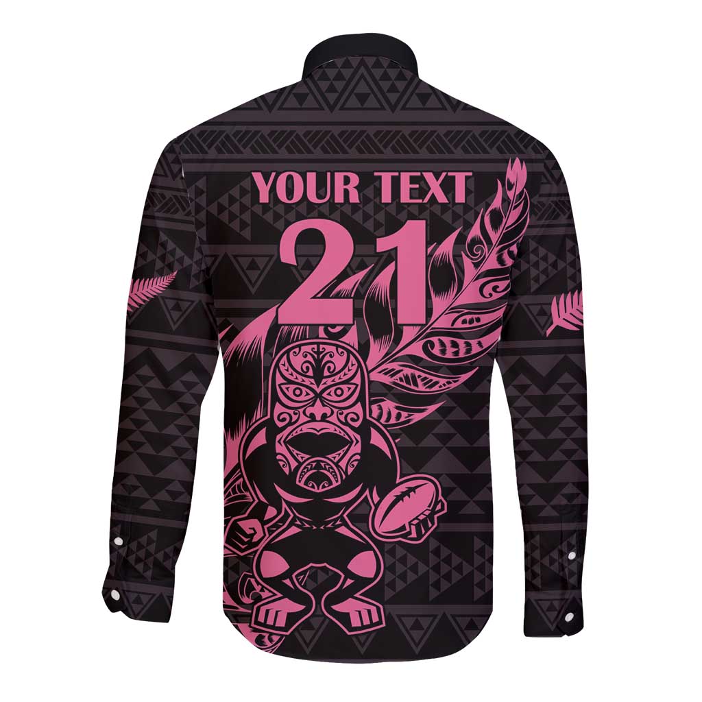 New Zealand Rugby Warrior Custom Long Sleeve Button Shirt Pink Fern Taniko Motif