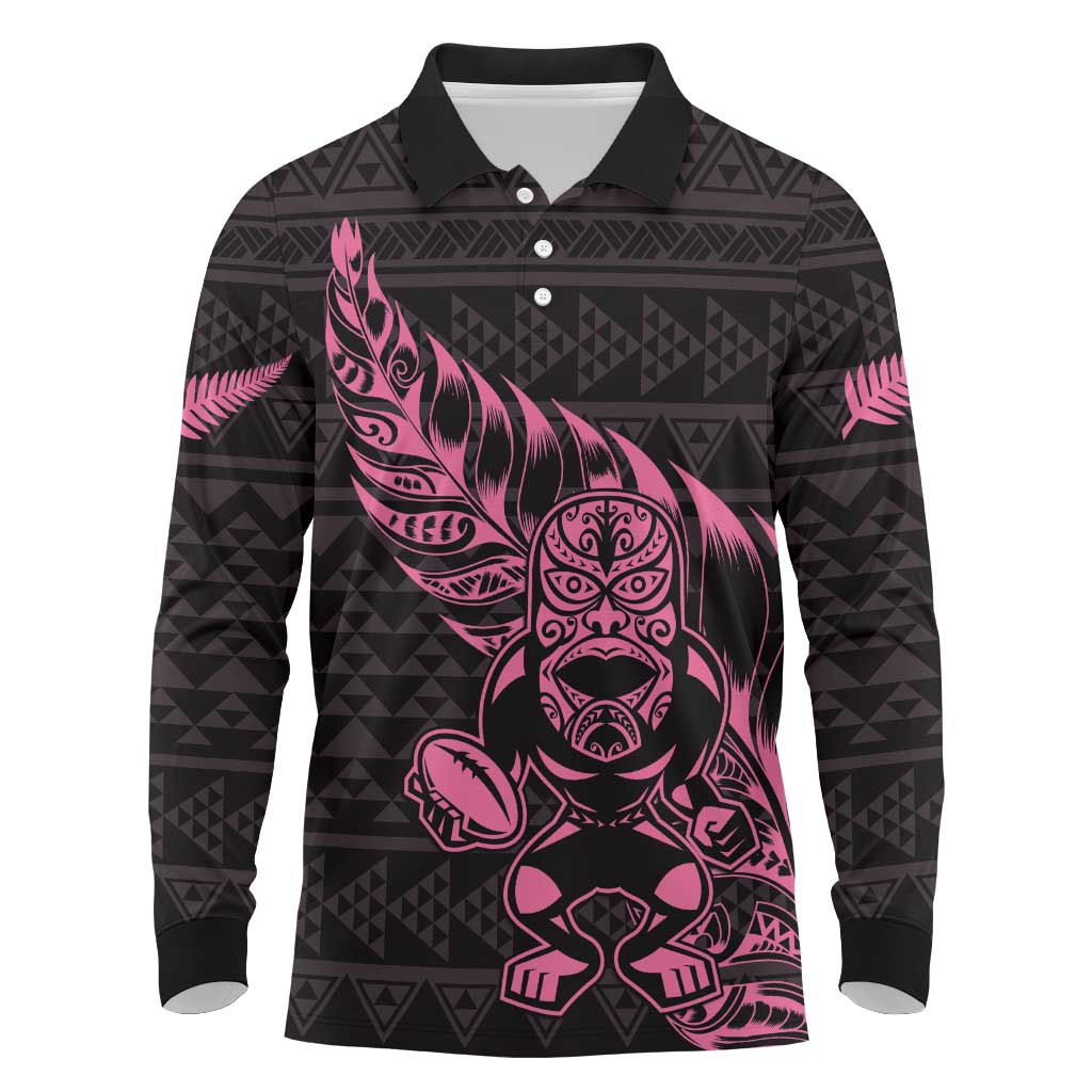 New Zealand Rugby Warrior Custom Long Sleeve Polo Shirt Pink Fern Taniko Motif