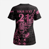 New Zealand Rugby Warrior Custom Scrub Top Pink Fern Taniko Motif - Polynesian Pride