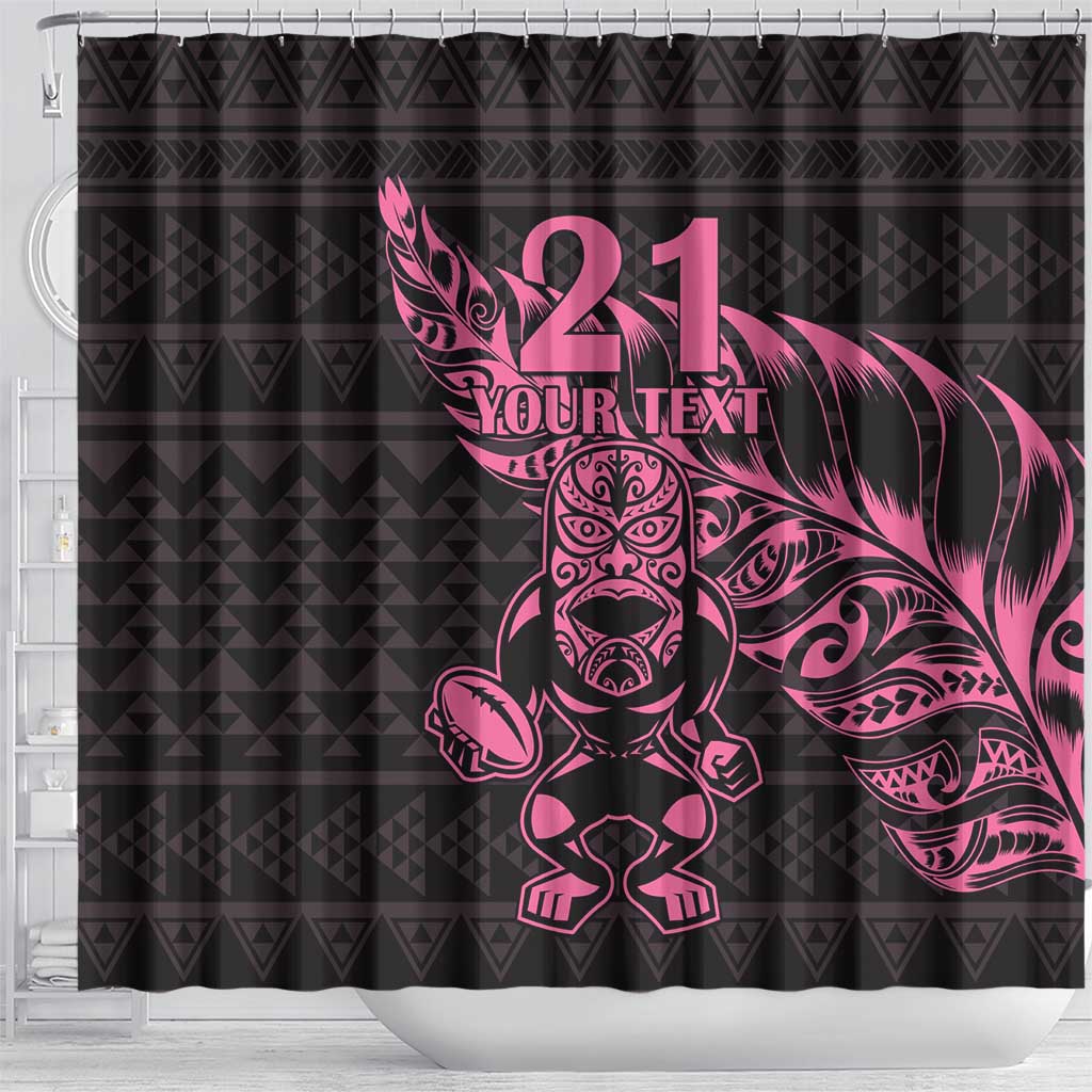 New Zealand Rugby Warrior Custom Shower Curtain Pink Fern Taniko Motif