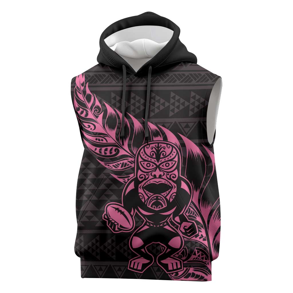 New Zealand Rugby Warrior Custom Sleeveless Hoodie Pink Fern Taniko Motif - Polynesian Pride