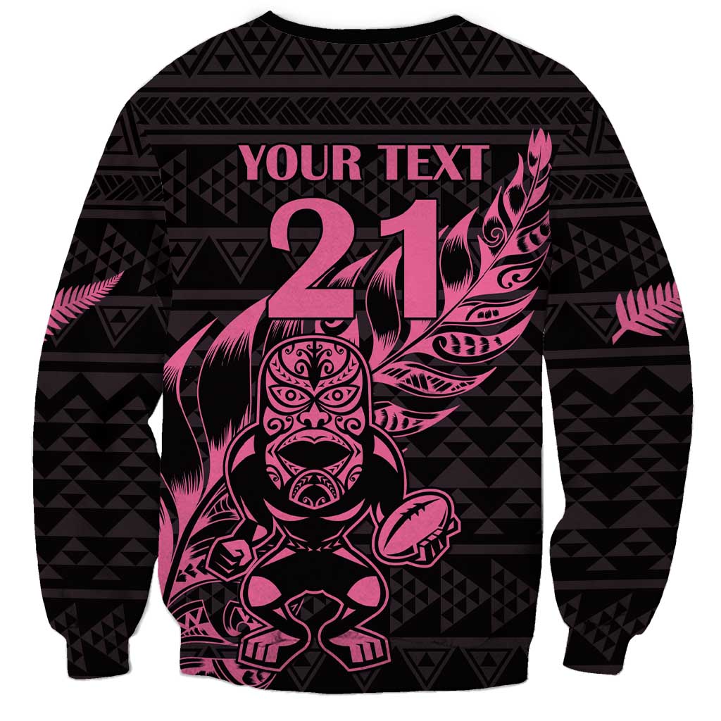 New Zealand Rugby Warrior Custom Sweatshirt Pink Fern Taniko Motif