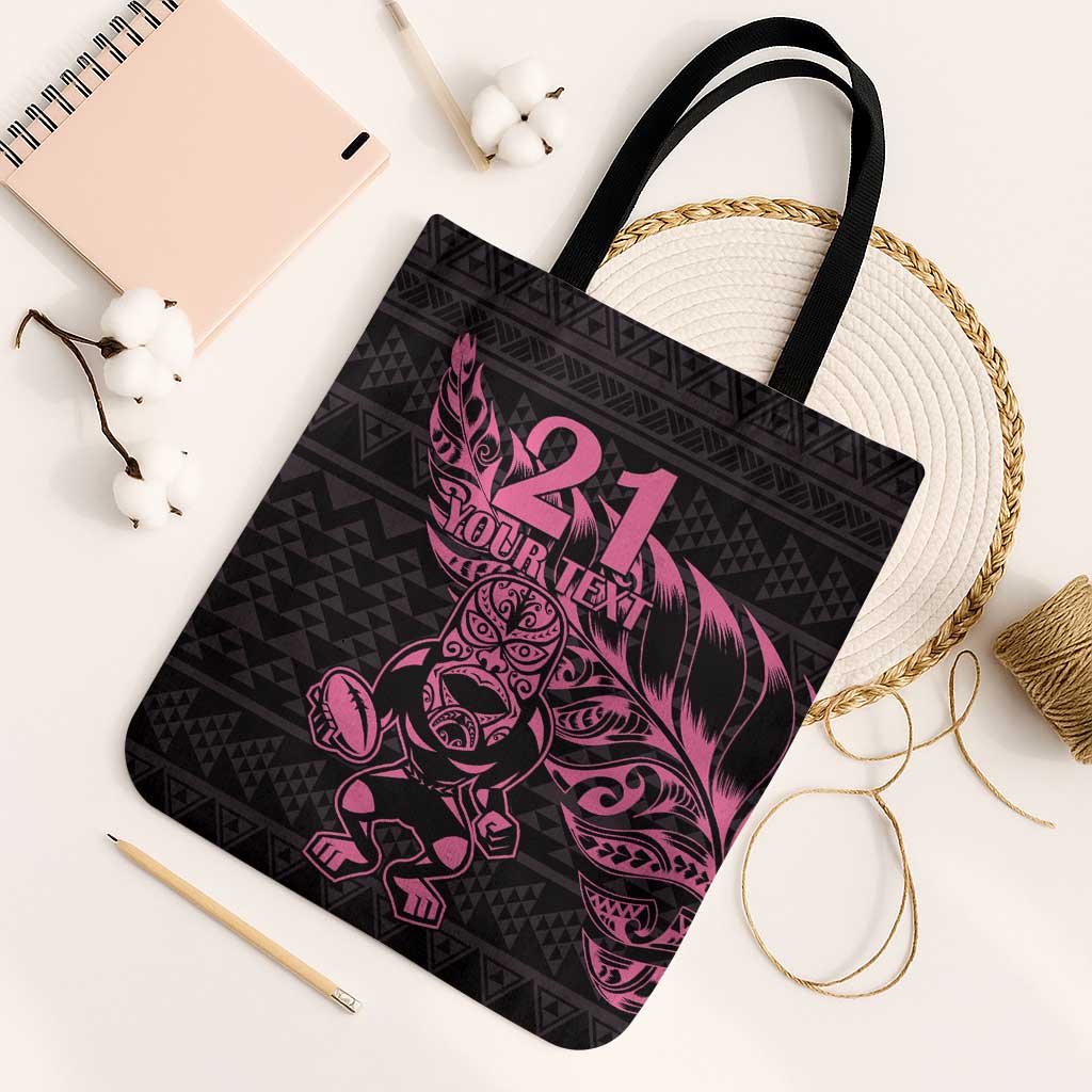 New Zealand Rugby Warrior Custom Tote Bag Pink Fern Taniko Motif - Polynesian Pride