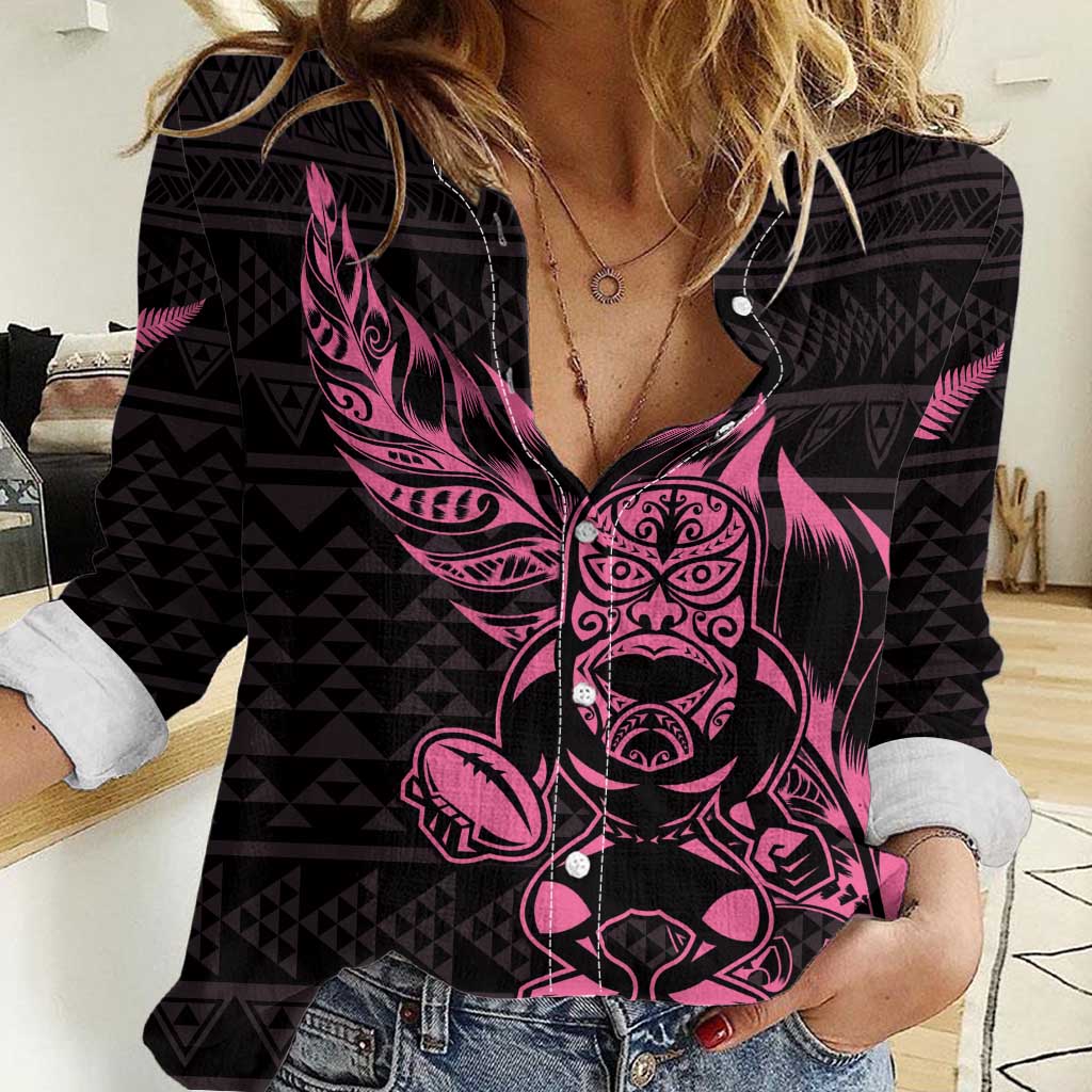 New Zealand Rugby Warrior Custom Women Casual Shirt Pink Fern Taniko Motif LT9 Female Pink - Polynesian Pride