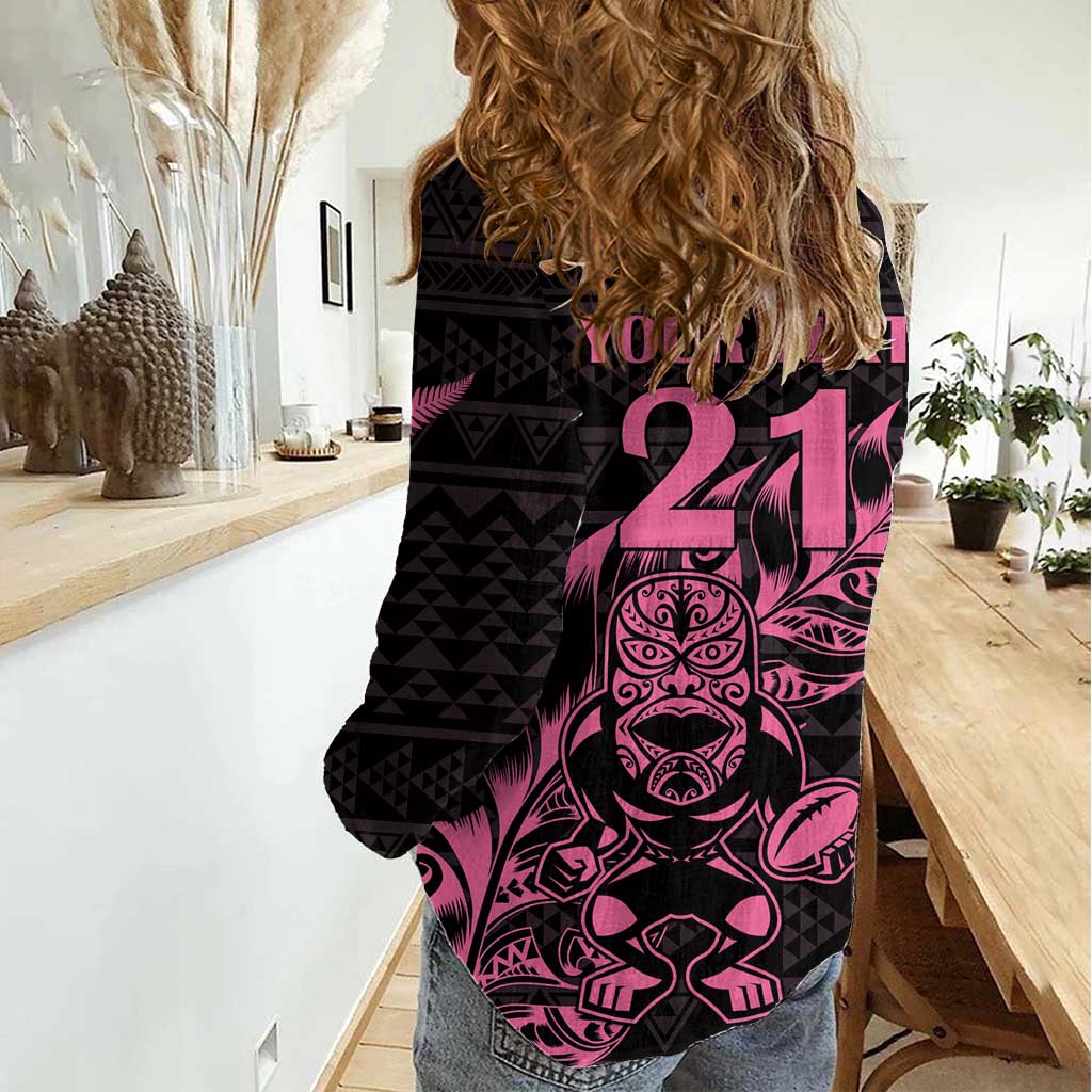 New Zealand Rugby Warrior Custom Women Casual Shirt Pink Fern Taniko Motif LT9 - Polynesian Pride