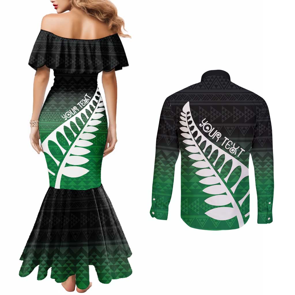 Green Silver Fern Spirit Taniko Tukutuku Personalised Couples Matching Mermaid Dress and Long Sleeve Button Shirt