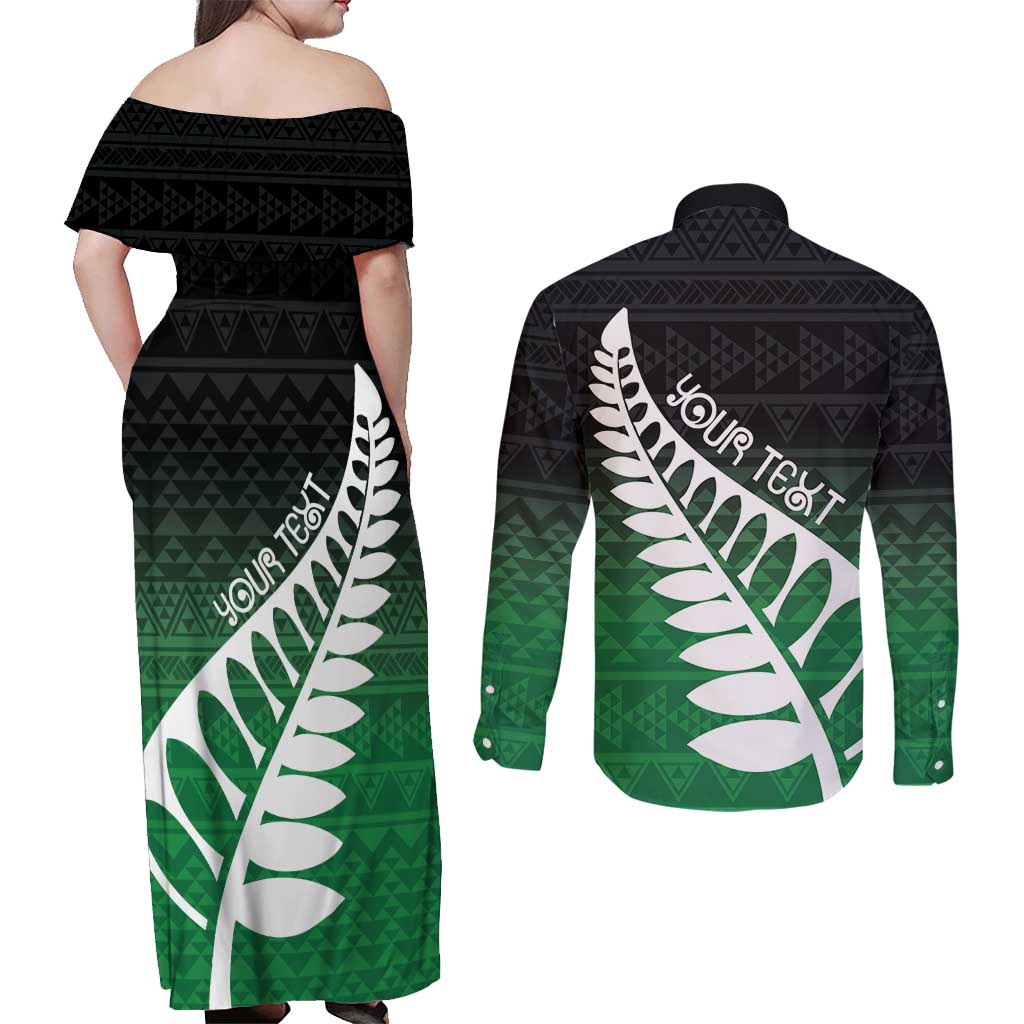 Green Silver Fern Spirit Taniko Tukutuku Personalised Couples Matching Off Shoulder Maxi Dress and Long Sleeve Button Shirt LT9 - Polynesian Pride