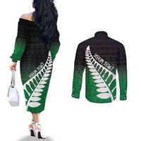 Green Silver Fern Spirit Taniko Tukutuku Personalised Couples Matching Off The Shoulder Long Sleeve Dress and Long Sleeve Button Shirt