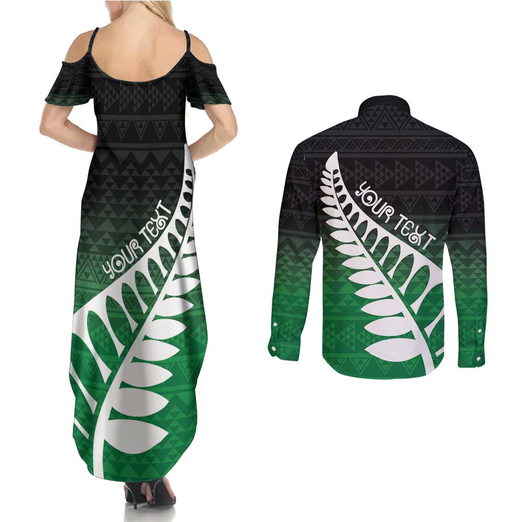 Green Silver Fern Spirit Taniko Tukutuku Personalised Couples Matching Summer Maxi Dress and Long Sleeve Button Shirt LT9 - Polynesian Pride