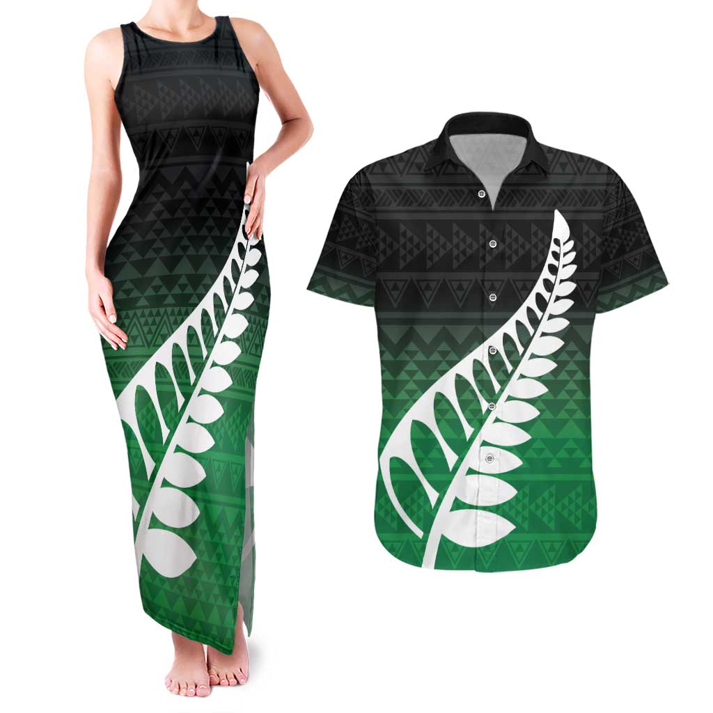 Green Silver Fern Spirit Taniko Tukutuku Personalised Couples Matching Tank Maxi Dress and Hawaiian Shirt
