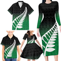 Green Silver Fern Spirit Taniko Tukutuku Personalised Family Matching Long Sleeve Bodycon Dress and Hawaiian Shirt LT9 - Polynesian Pride