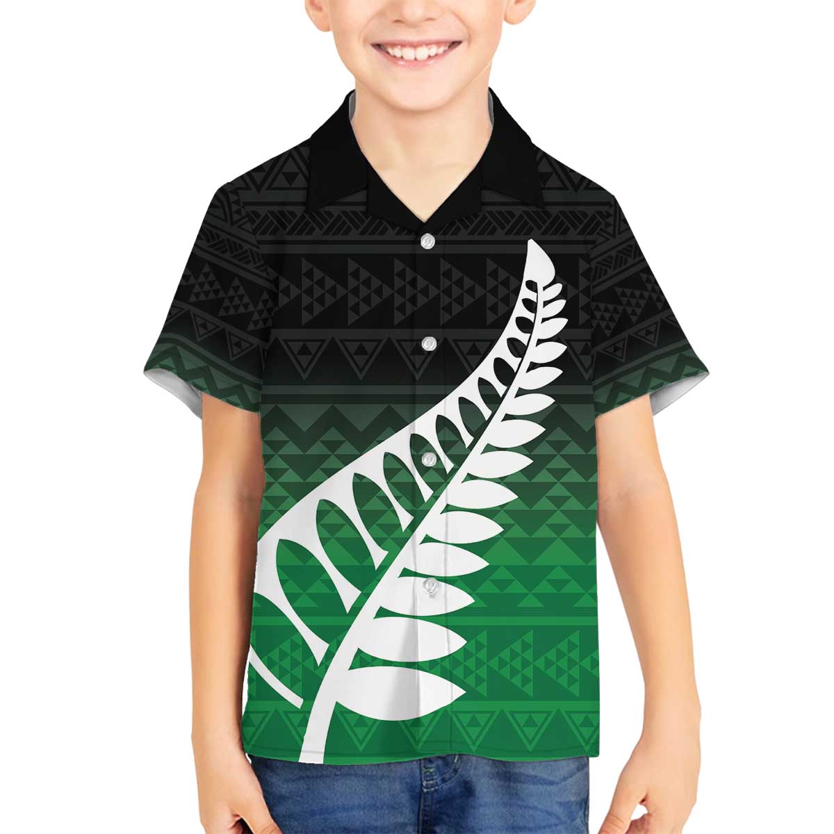 Green Silver Fern Spirit Taniko Tukutuku Personalised Family Matching Off The Shoulder Long Sleeve Dress and Hawaiian Shirt