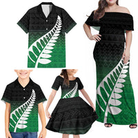 Green Silver Fern Spirit Taniko Tukutuku Personalised Family Matching Off Shoulder Maxi Dress and Hawaiian Shirt