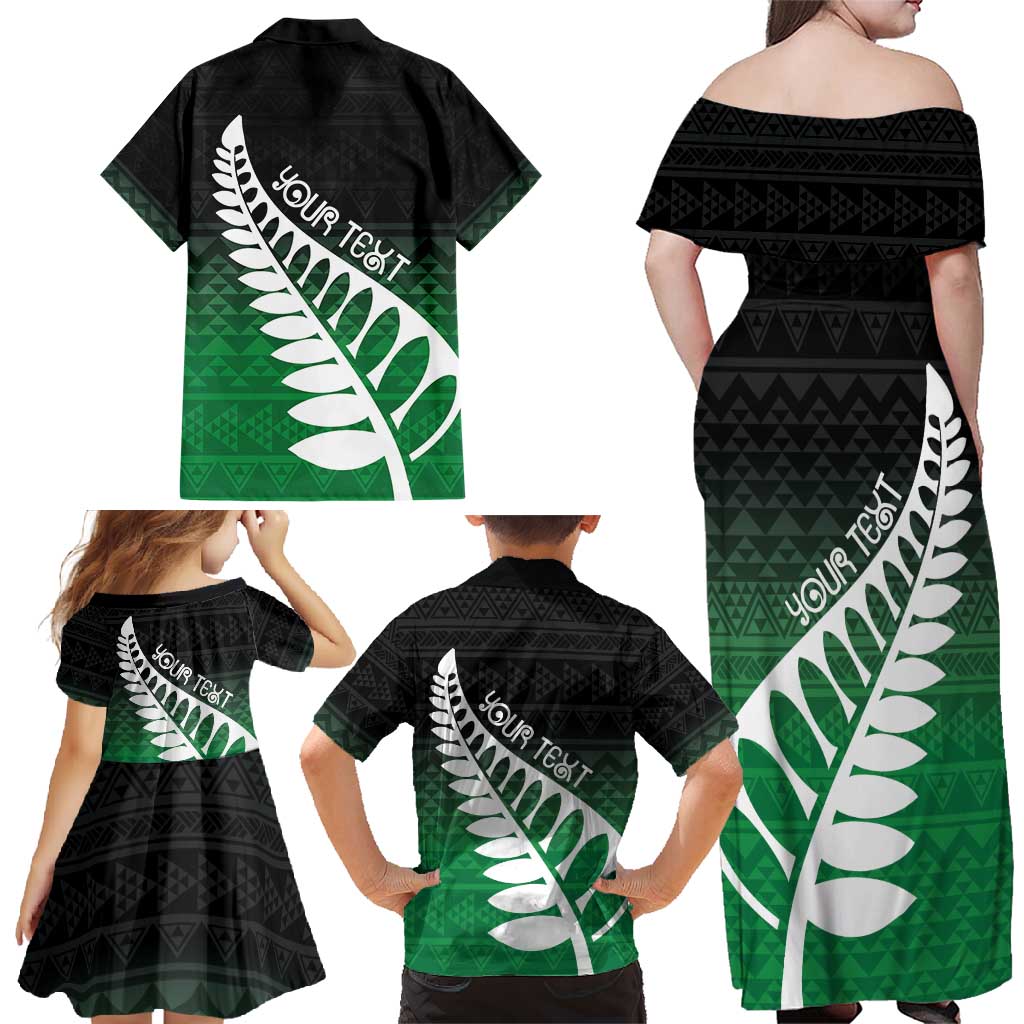 Green Silver Fern Spirit Taniko Tukutuku Personalised Family Matching Off Shoulder Maxi Dress and Hawaiian Shirt