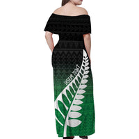 Green Silver Fern Spirit Taniko Tukutuku Personalised Family Matching Off Shoulder Maxi Dress and Hawaiian Shirt