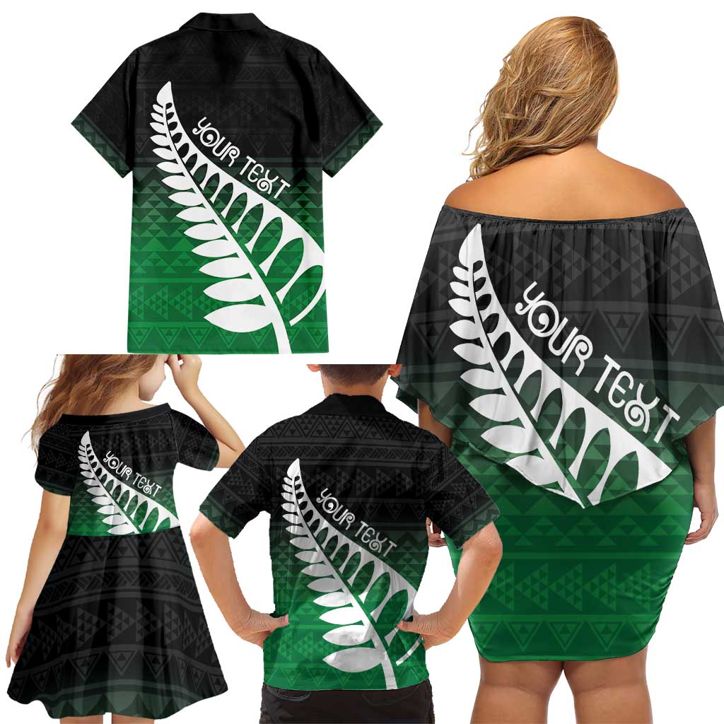Green Silver Fern Spirit Taniko Tukutuku Personalised Family Matching Off Shoulder Short Dress and Hawaiian Shirt