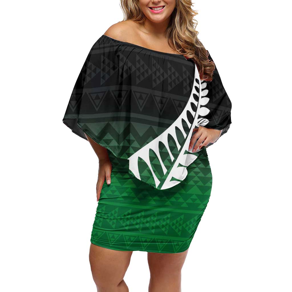 Green Silver Fern Spirit Taniko Tukutuku Personalised Family Matching Off Shoulder Short Dress and Hawaiian Shirt
