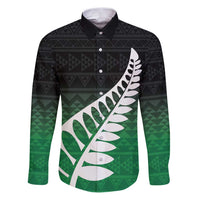 Green Silver Fern Spirit Taniko Tukutuku Personalised Family Matching Puletasi and Hawaiian Shirt LT9 Dad's Shirt - Long Sleeve Green - Polynesian Pride
