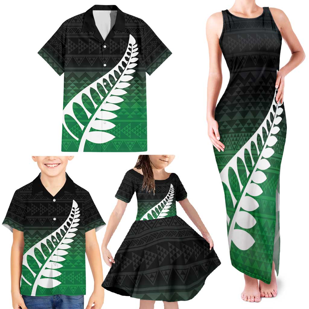 Green Silver Fern Spirit Taniko Tukutuku Personalised Family Matching Tank Maxi Dress and Hawaiian Shirt LT9 - Polynesian Pride