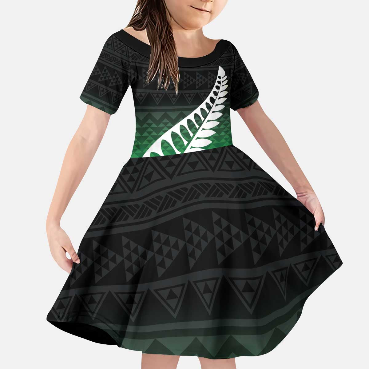 Green Silver Fern Spirit Taniko Tukutuku Personalised Kid Short Sleeve Dress