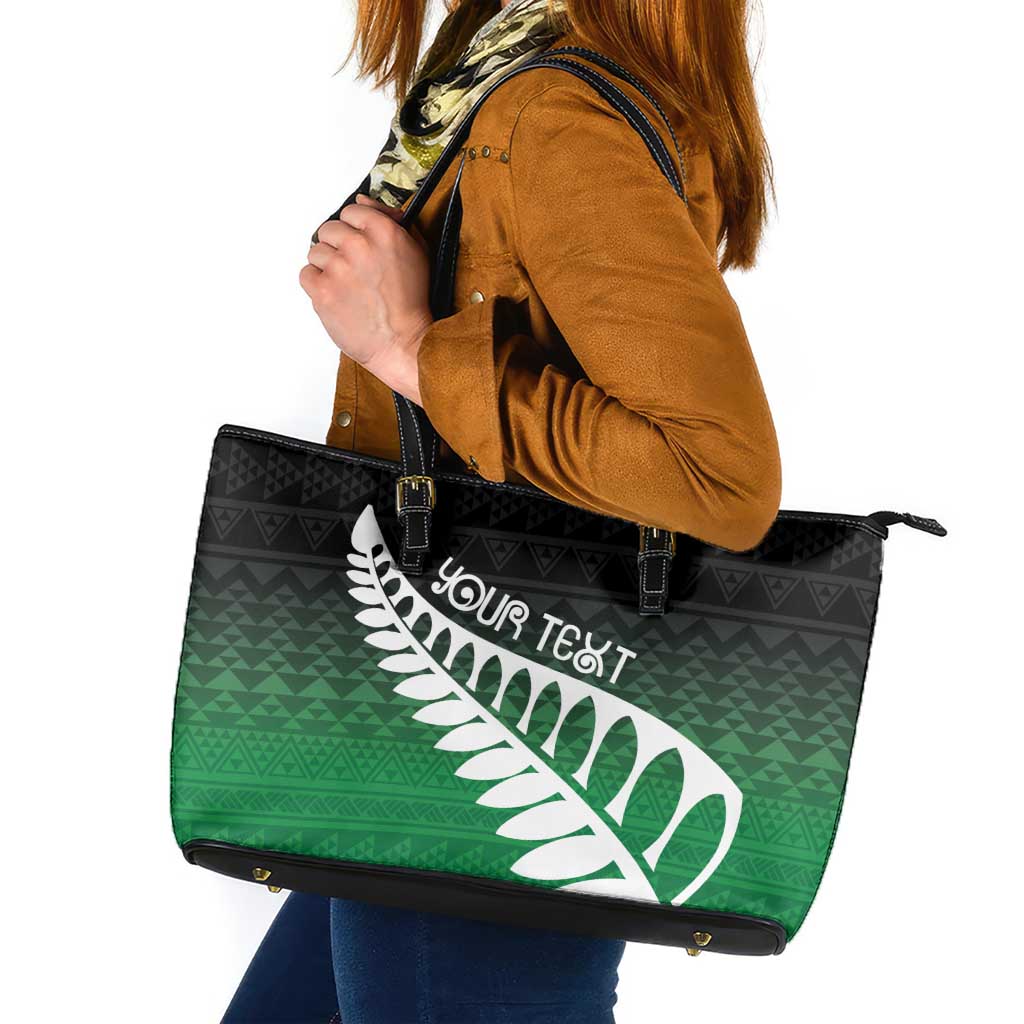 Green Silver Fern Spirit Taniko Tukutuku Personalised Leather Tote Bag LT9 Green - Polynesian Pride