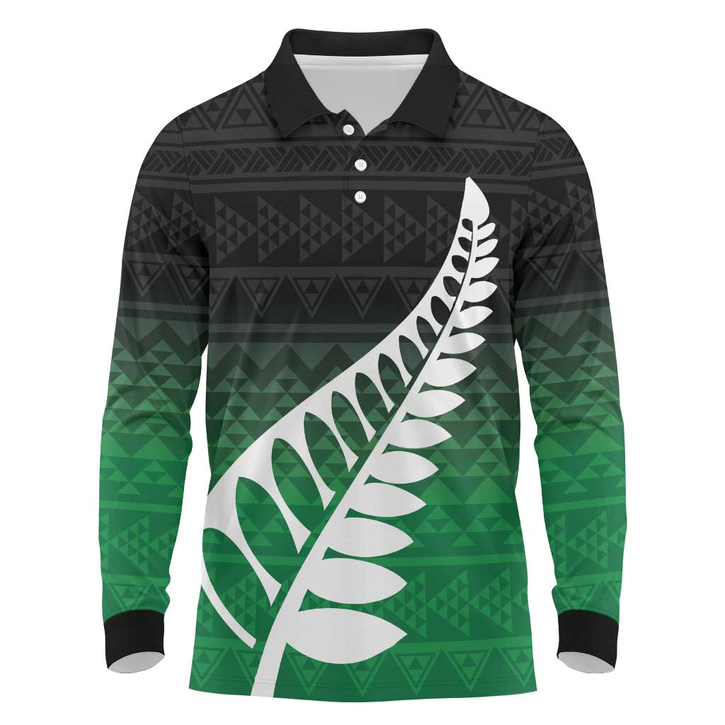 Green Silver Fern Spirit Taniko Tukutuku Personalised Long Sleeve Polo Shirt LT9 Green - Polynesian Pride