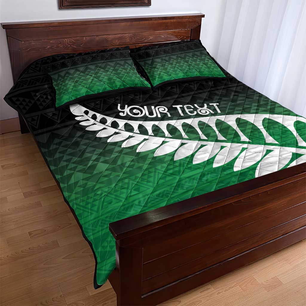 Green Silver Fern Spirit Taniko Tukutuku Personalised Quilt Bed Set